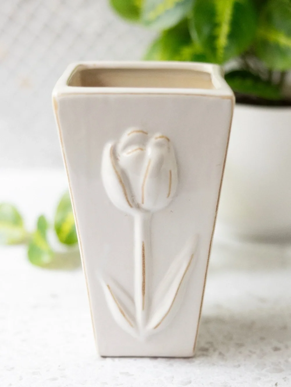 Cream off white square tulip ceramic pottery vase 6.5